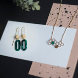 Geometric earrings, deep green acetate in OVAL and long gold plated round clasp