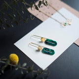 Geometric earrings, deep green acetate in OVAL and long gold plated round clasp