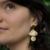 Handmade Goemetric gold plated Terrazzo polymer clay earrings - triangle in pale pink, pale blue and bright orange (fluo)