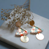 Handmade Goemetric gold plated Terrazzo polymer clay earrings - triangle in pale pink, pale blue and bright orange (fluo)