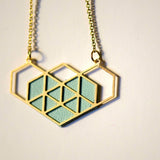 Handmade gold plated geometric HEART necklace with lightblue recycled leather