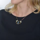 Gold plated geometric necklace Art Deco in bright and pale blue recycled leather