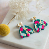Flower green/pink terrazzo on gold plated earstick
