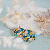 Goemetric gold plated Terrazzo polymer clay earrings - navy, mustard and pastelpink